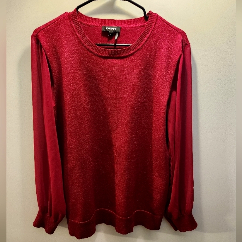 DKNY Size M Red Sweater, Lurex, Semi-sheer sleeves, Crew-neck, Cuff-style wrist